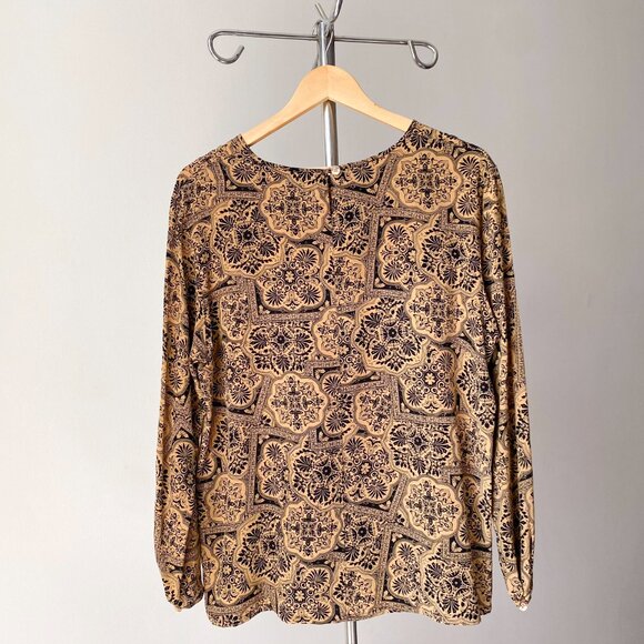 🍂Elegant Navy and Tan Ocher Mosaic Print Tunic with Long Sleeves 100% Silk - Picture 4 of 6